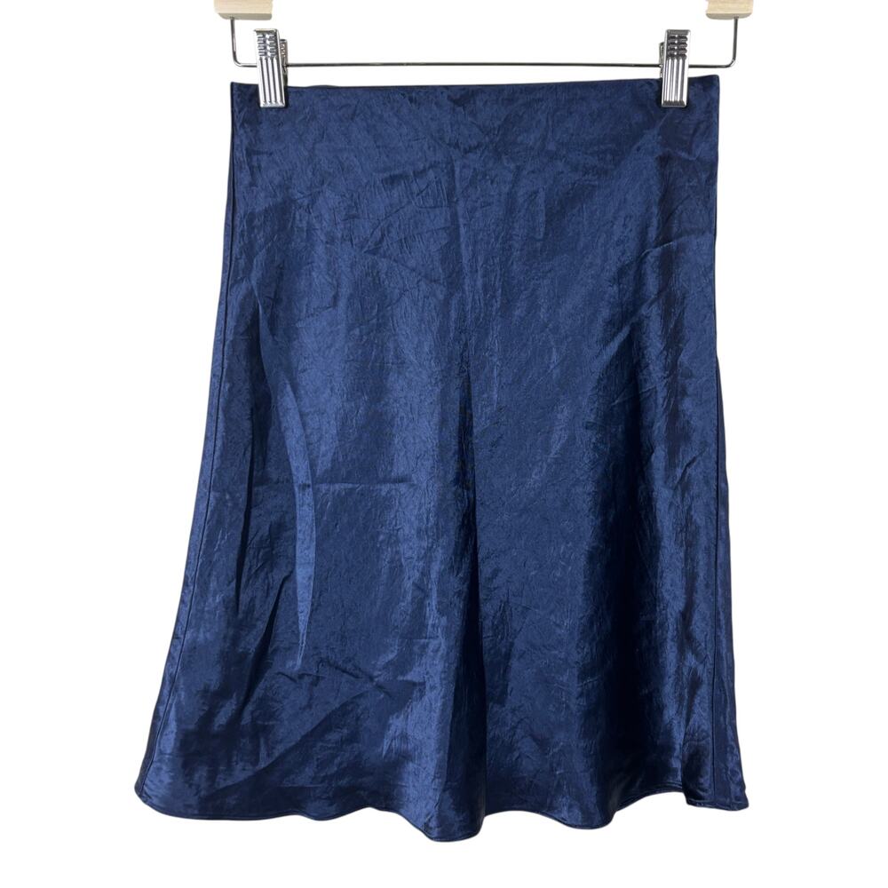 Babaton Aritzia navy satin skirt with bias-cut drape, flared hem, pull-on waistb